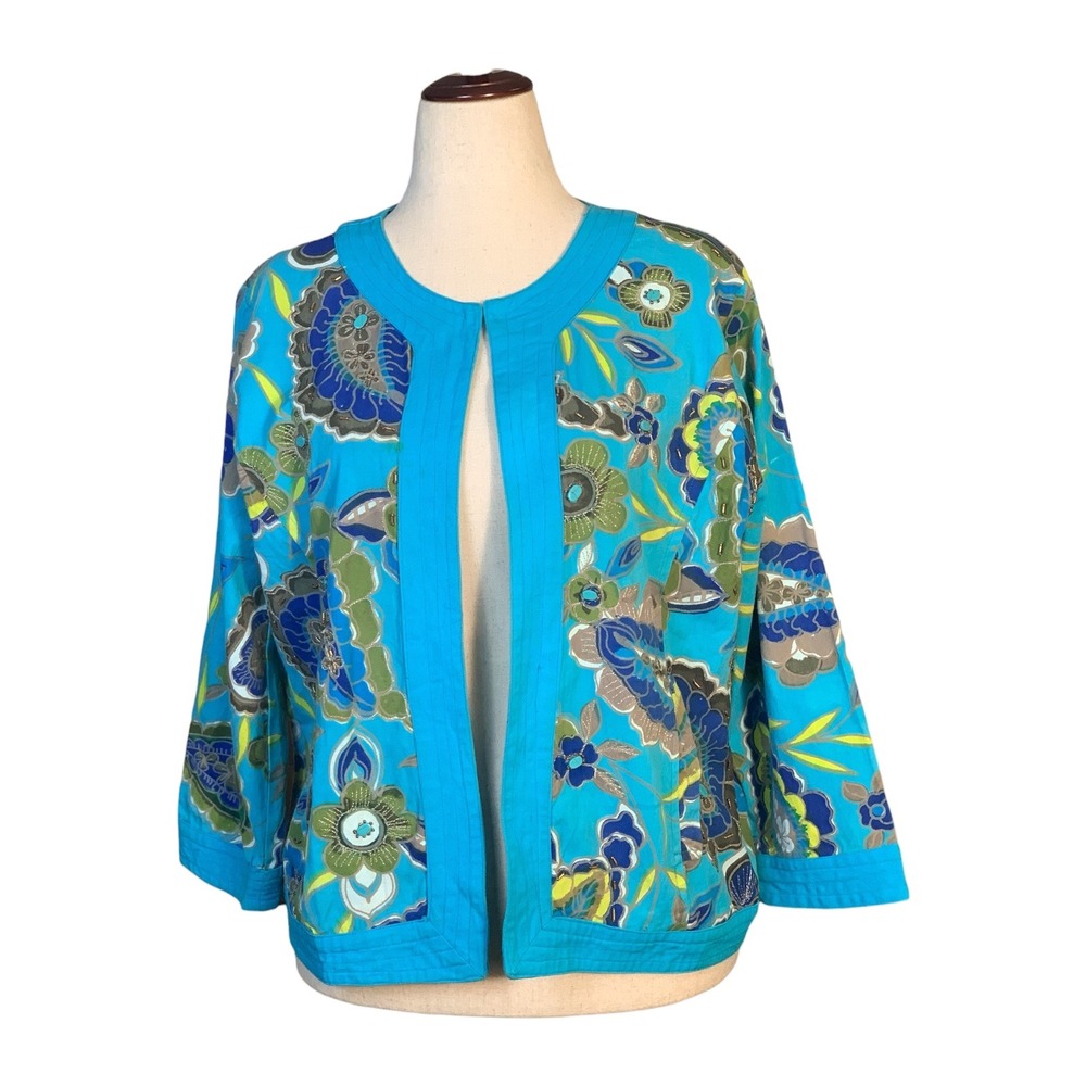 Chico's XL Turquoise Floral Paisley Beaded Open Front Cotton Jacket